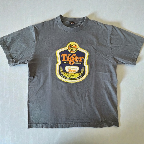 VTG Tiger Gold Medal Lager Beer Drink Fan Gray T Shirt XL 100% Cotton Crew Neck - Picture 1 of 10